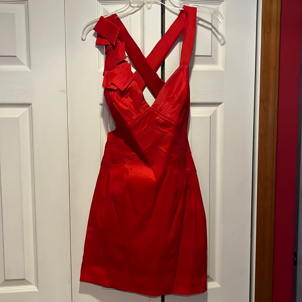 Jessica McClintock Red Satin Mini Dress with Cross-Back Straps